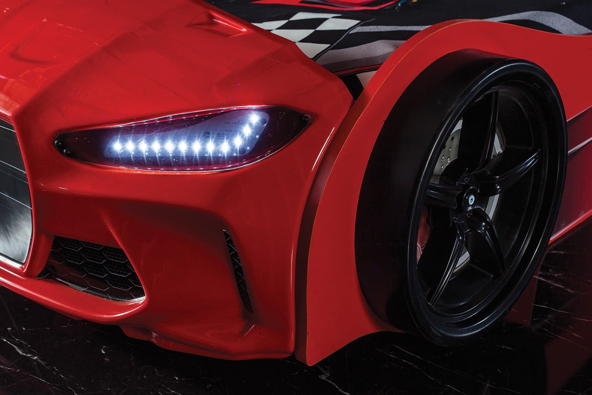Kids’ Red Racing Car Bed with LED Headlights - Majestic Beds