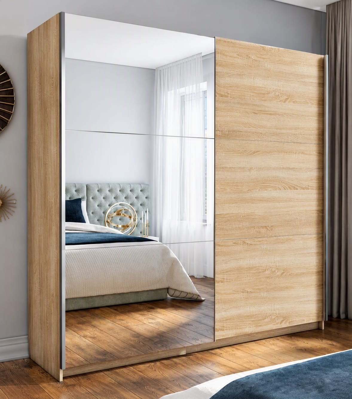 Elevate your bedroom with this beautifully crafted premium sliding door wardrobe. Designed with a modern aesthetic, it features a full‑height mirrored door that enhances natural light and visually expands your space, paired with a sleek light wood finish for a clean, contemporary look.

Built with quality materials and a smooth sliding mechanism, this wardrobe offers both style and practicality. Its generous width of 200.5 cm provides exceptional storage capacity, making it ideal for organising clothing, ac