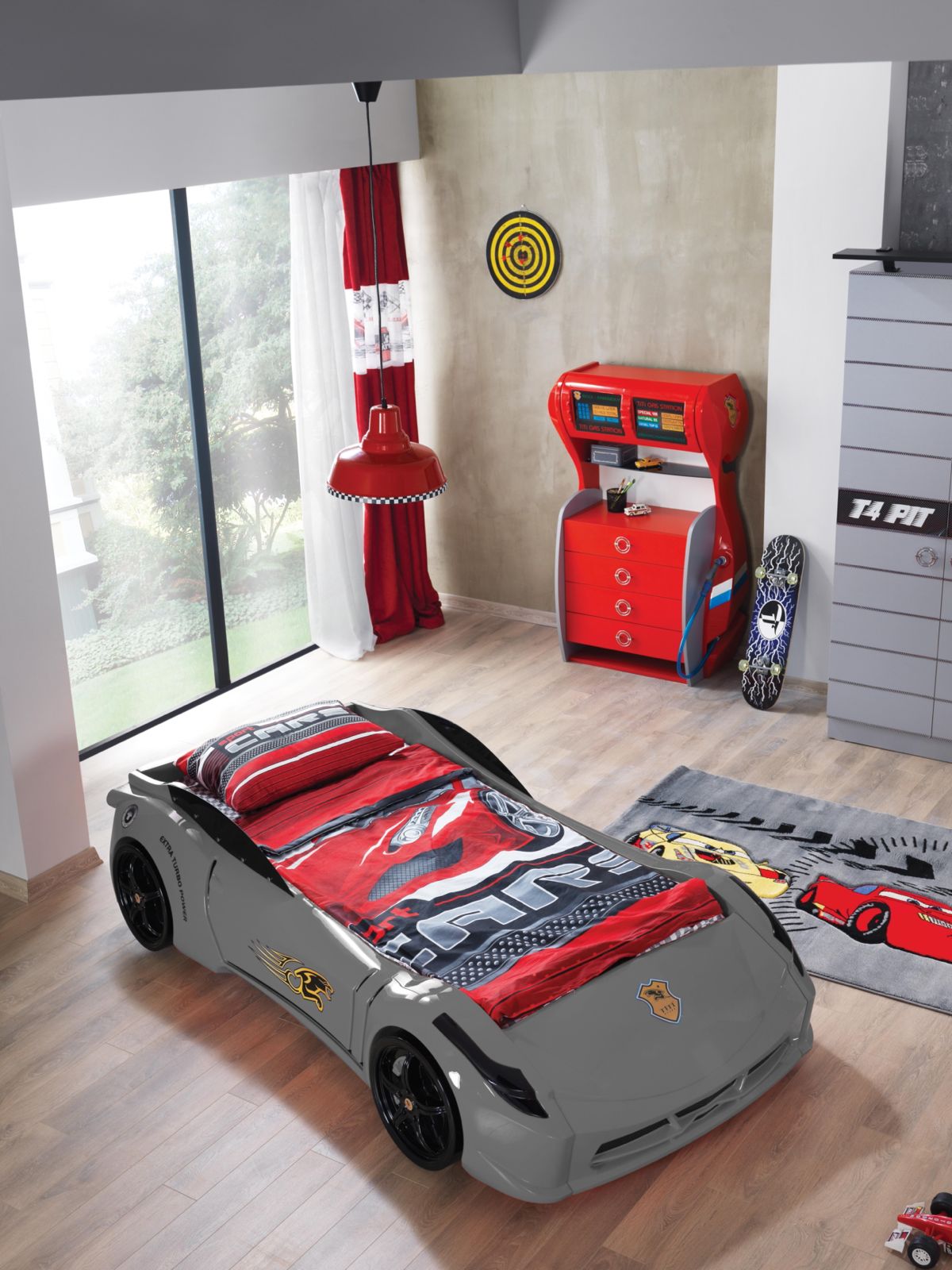 Grey Ferrari Race Car Bed for Kids - Majestic Beds