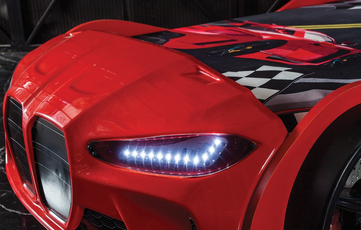 Kids’ Red Racing Car Bed with LED Headlights - Majestic Beds