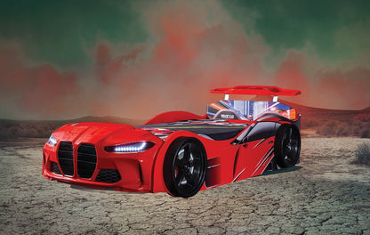 Kids’ Red Racing Car Bed with LED Headlights - Majestic Beds